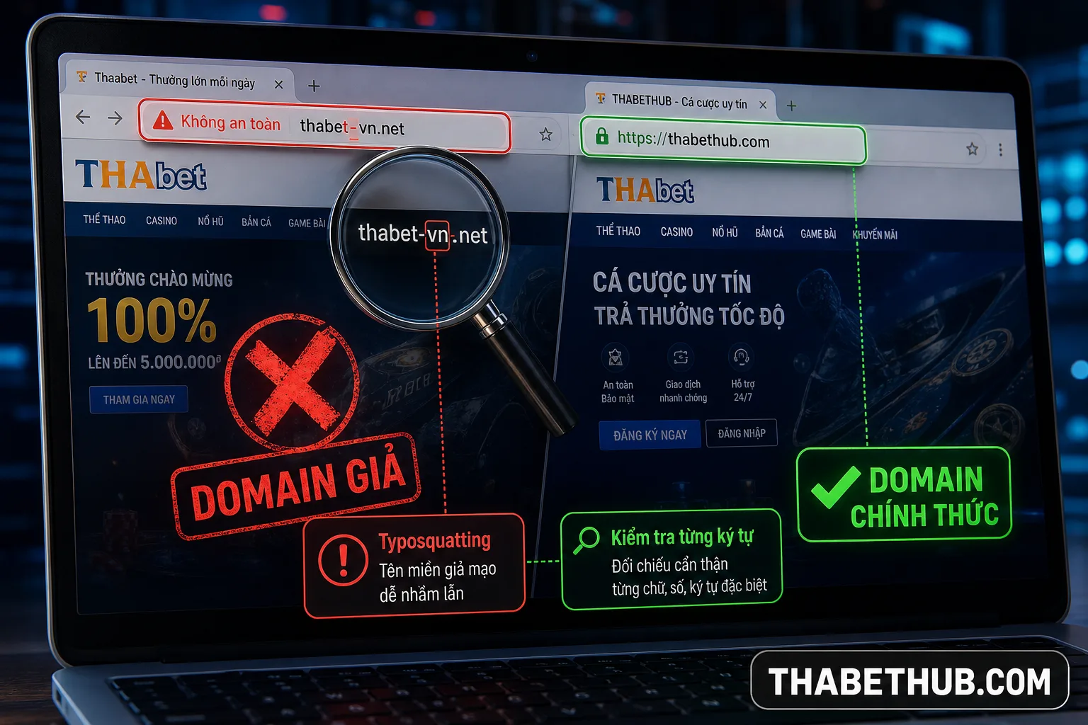 Dấu hiệu 1: Domain sai lệch — minh họa ThabetHub