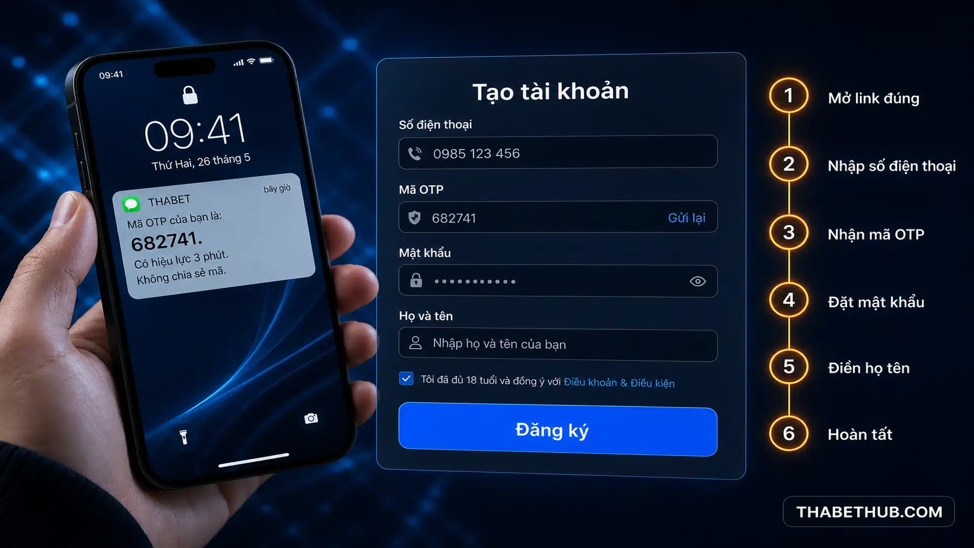 Hướng dẫn đăng ký từng bước bằng số điện thoại — minh họa ThabetHub
