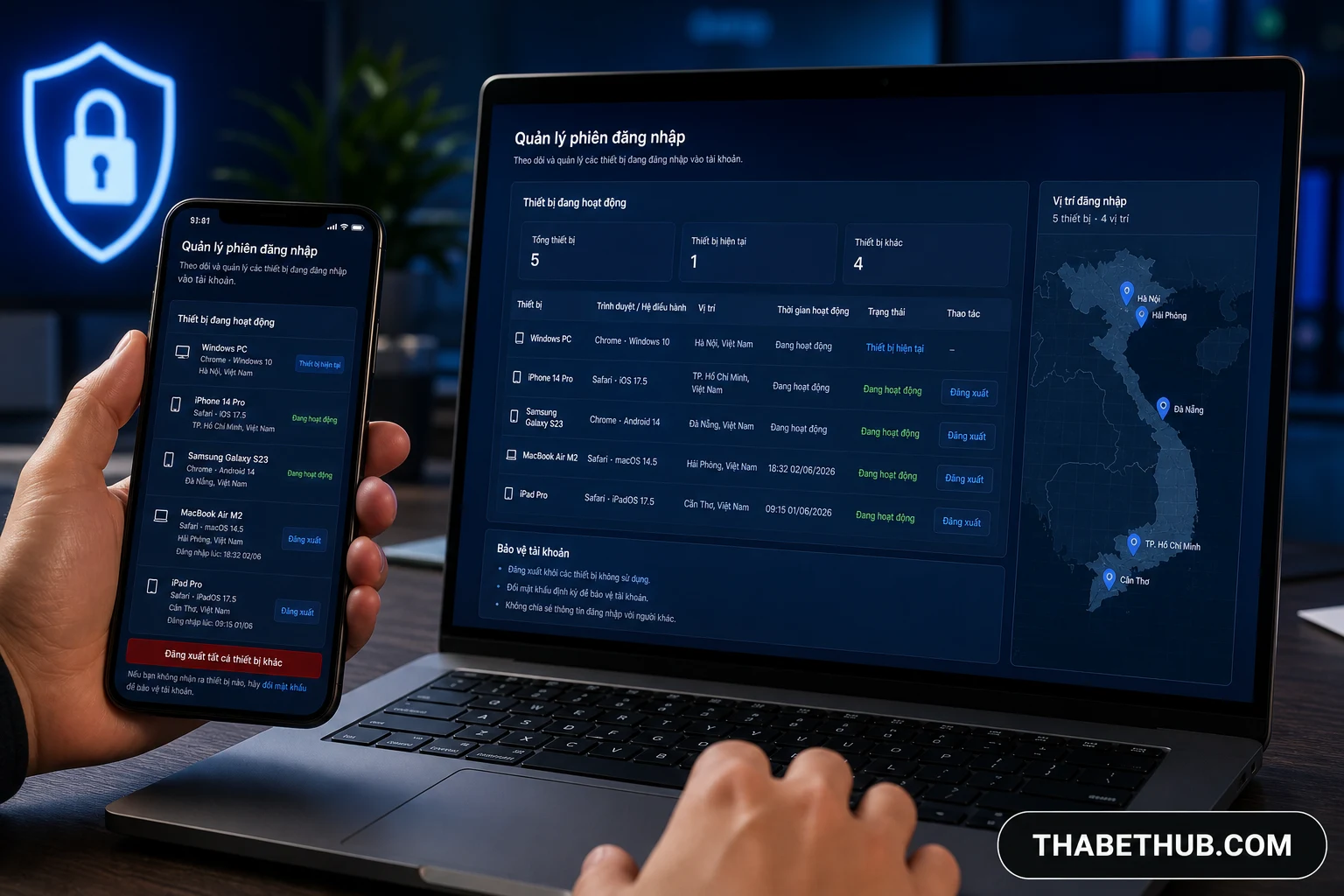 Khi nào nên đăng xuất thiết bị từ xa — minh họa ThabetHub Khi nào nên đăng xuất thiết bị từ xa — minh họa ThabetHub