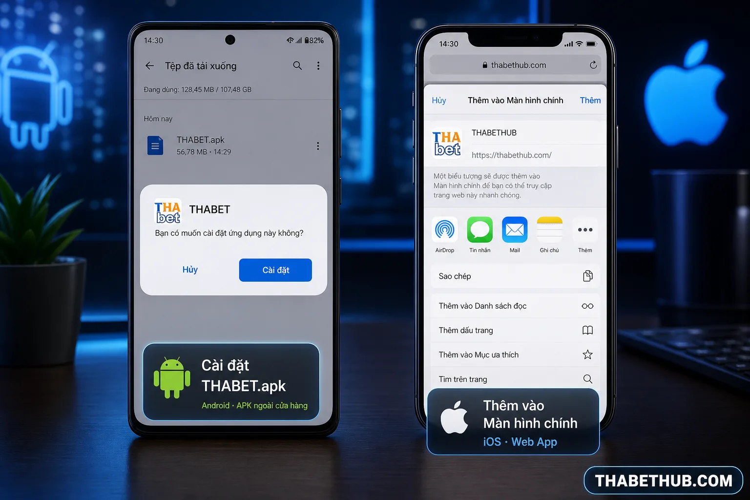 Cài đặt app THABET trên Android và iOS — minh họa ThabetHub Cài đặt app THABET trên Android và iOS — minh họa ThabetHub