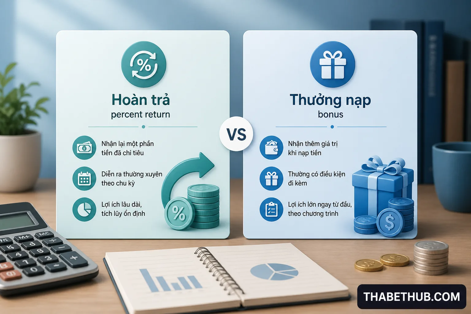 Hoàn trả khác gì với tiền thưởng nạp và khuyến mãi khác — minh họa ThabetHub Hoàn trả khác gì với tiền thưởng nạp và khuyến mãi khác — minh họa ThabetHub
