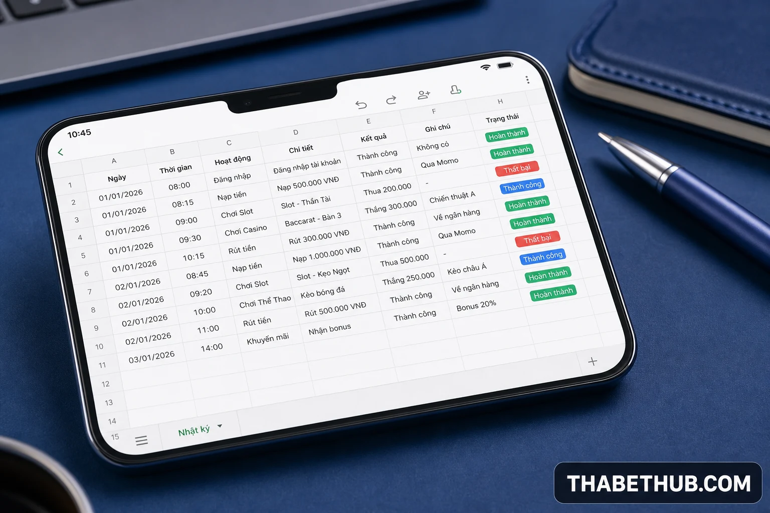 Mẫu ghi tối giản theo phiên — minh họa ThabetHub